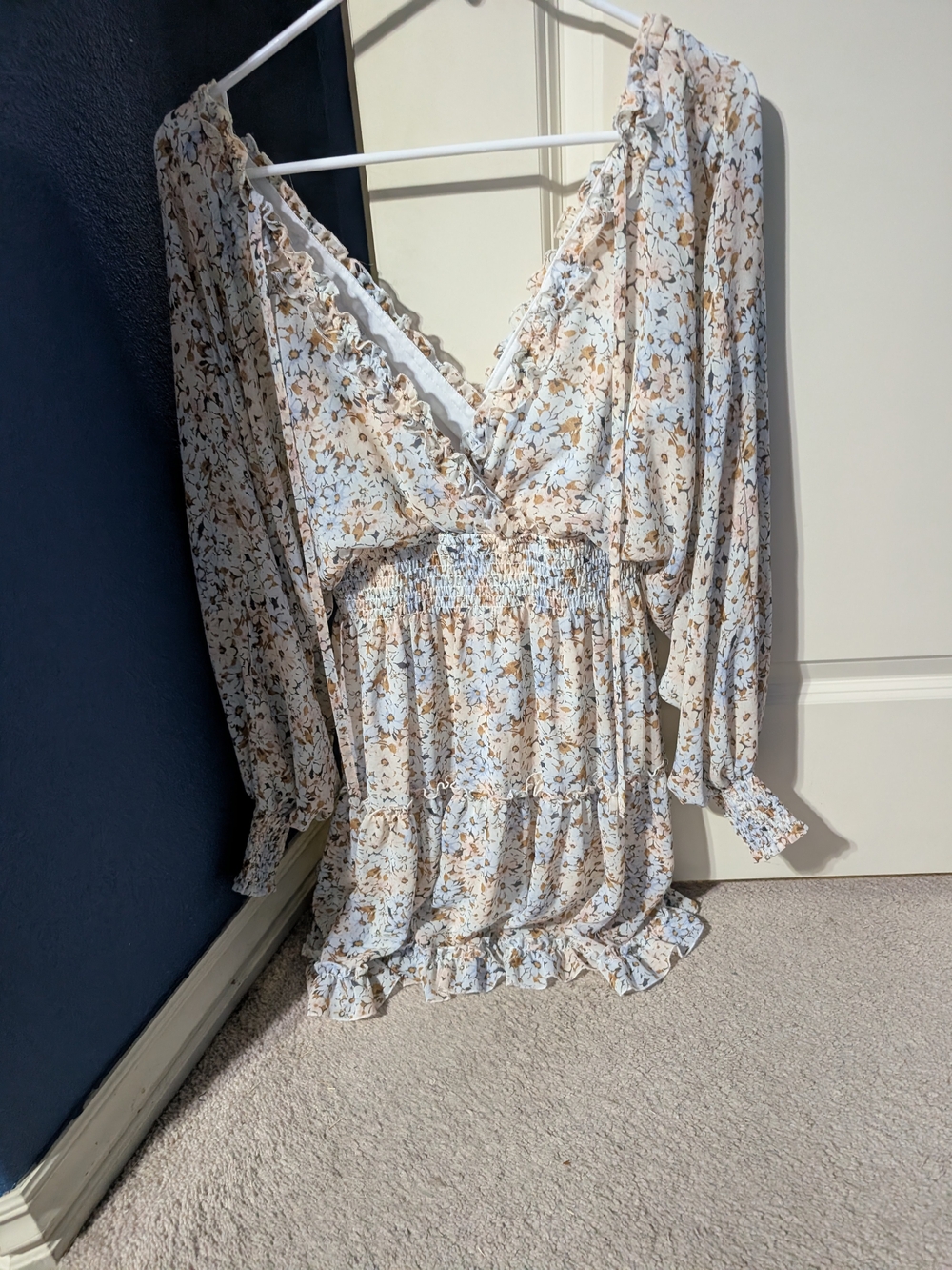 Versona Cream Floral Smocked V-Neck Tunic with Ruffle Trim